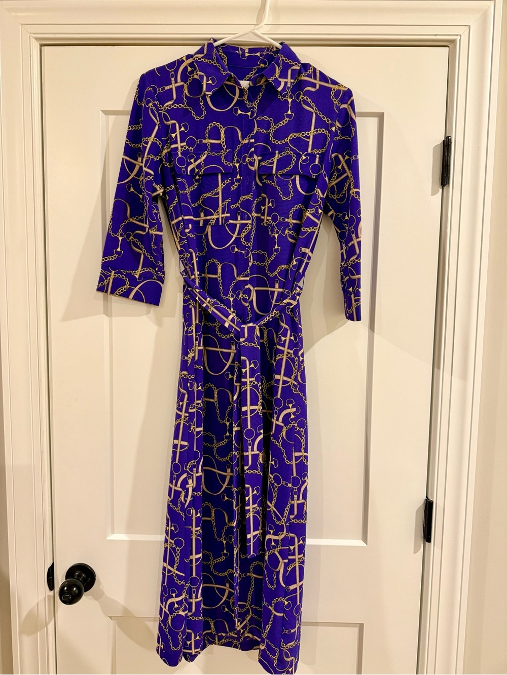 Donna Morgan Purple Chain-Print Midi Shirt Dress